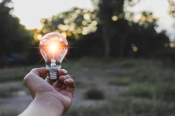 Innovation Und Energiekonzept Der Hand Halten Eine Glühbirne Und Kopierraum — Stockfoto