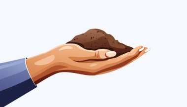 Elin toprak ve filiz sunmasının gerçekçi olmayan çizimi, beyaz arkaplan ile temiz kompozisyon