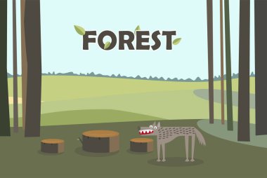 Картина, постер, плакат, фотообои "волк в лесу. пни деревьев. мультипликационный вектор на фоне леса
.", артикул 208701856