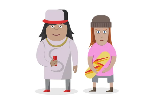 Coppia uomo e ragazza con skateboard su sfondo bianco, concetto di famiglia di successo, cartone animato piatto . — Vettoriale Stock