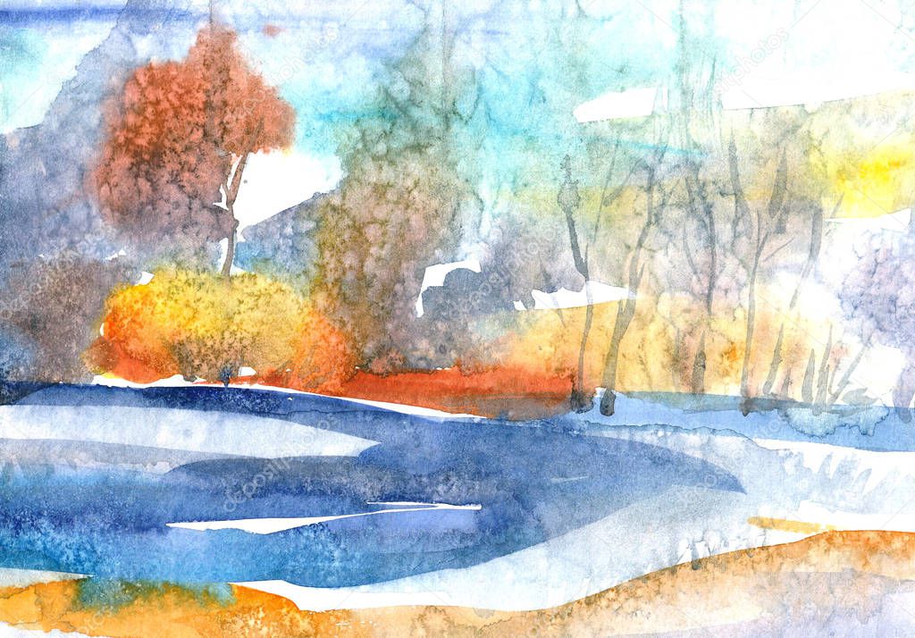 Watercolor landscape trees in the morning mist over the summer lake