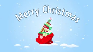 Renkli Noel hediyeleri Noel Baba torba içine düşmek. Tebrik e-kartı metinle merry christmas.