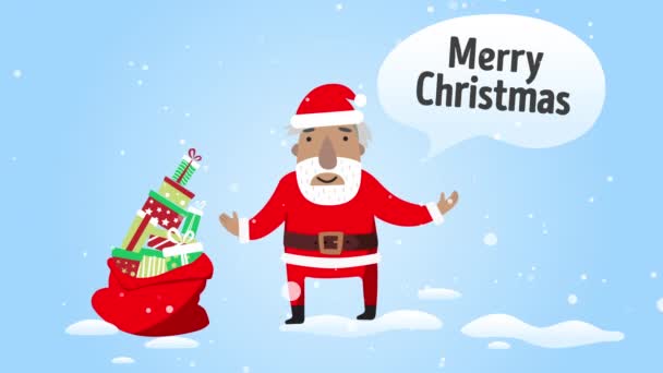 Santa Claus avec des cadeaux Vidéo d'animation en boucle dans un style plat Carte électronique de voeux avec texte joyeux Noël mouvement graphique avec concept de Noël 