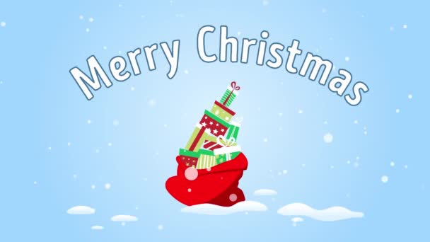 Bunte Weihnachtsgeschenke fallen in den Weihnachtsmann-Sack. Gruß-E-Card mit Text Frohe Weihnachten. — Stockvideo