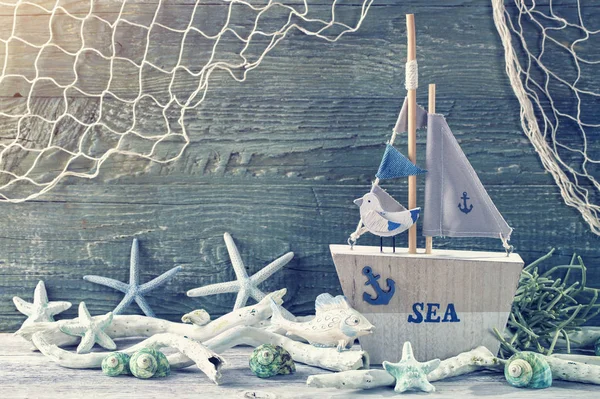 Dekorace Mořský Život Modré Ošuntělý Pozadí — Stock fotografie