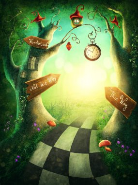 Enchanted wood with a clock and signs clipart
