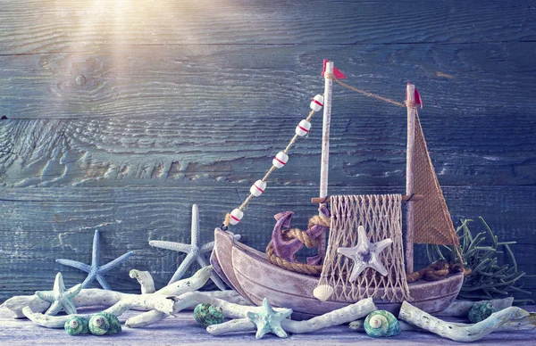 Zeeleven Decoratie Een Blauwe Achtergrond Van Shabby — Stockfoto