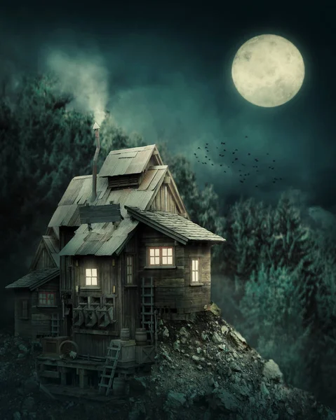 Strega Casa Nella Foresta Misteriosa Notte — Foto Stock