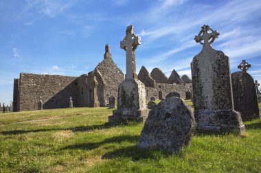 Clonmacnoise Katedrali ile tipik haçlar ve mezar. Manastır kalıntıları. İrlanda