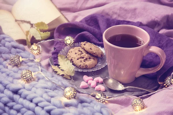 Rózsaszín Csésze Tea Cookie Kat Koszorú Gyapjú Takaró — Stock Fotó