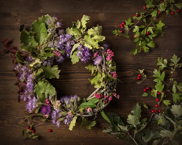 Acorn Wreath Wooden Background — Stock Photo, Image