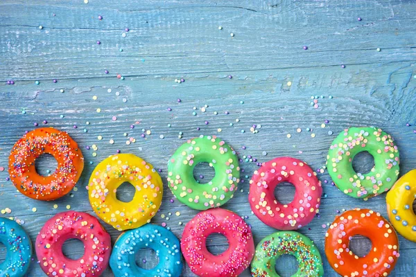 Colorful Donuts Wooden Blue Background — Stock Photo, Image