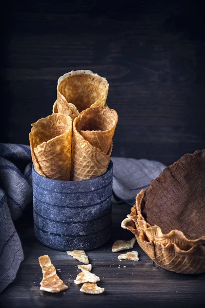 Waffle sweet cones for ice cream in the cup