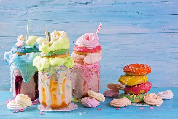 Freakshakes with donuts and candy floss