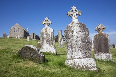 Clonmacnoise Katedrali ile tipik haçlar ve mezar. Manastır kalıntıları. İrlanda