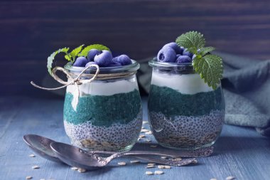 Chia seeds with spirulina pudding with blueberries clipart
