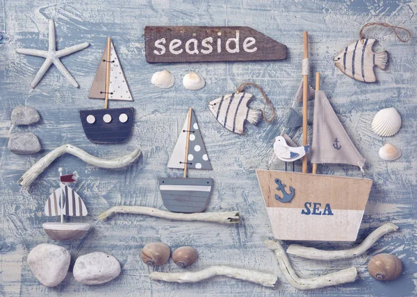 Marine life decoration on a wooden background