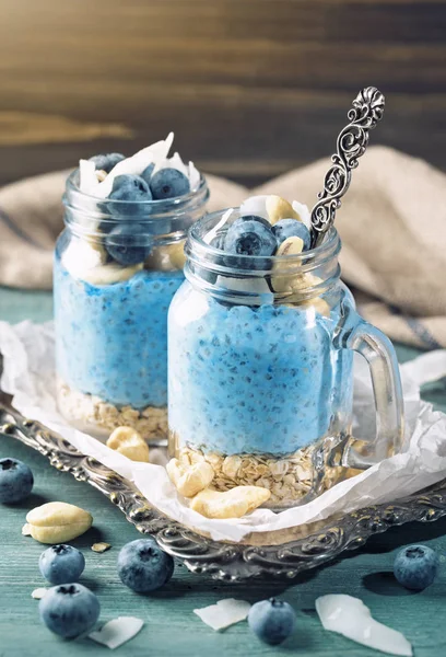 Blauwe Spirulina Chia pudding — Stockfoto