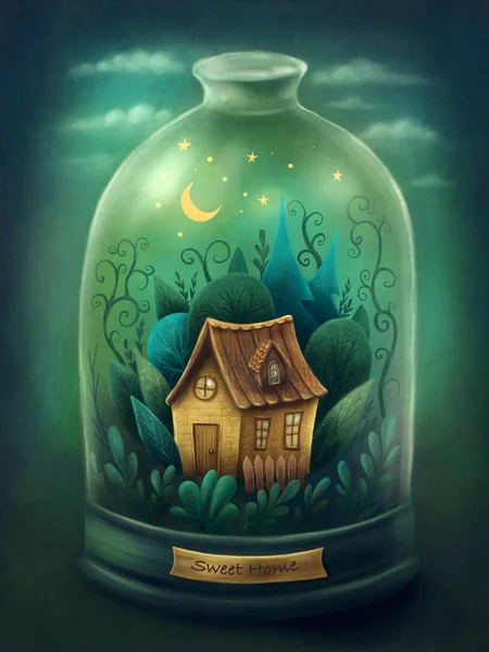 Illustration of a house in forest in bell jar