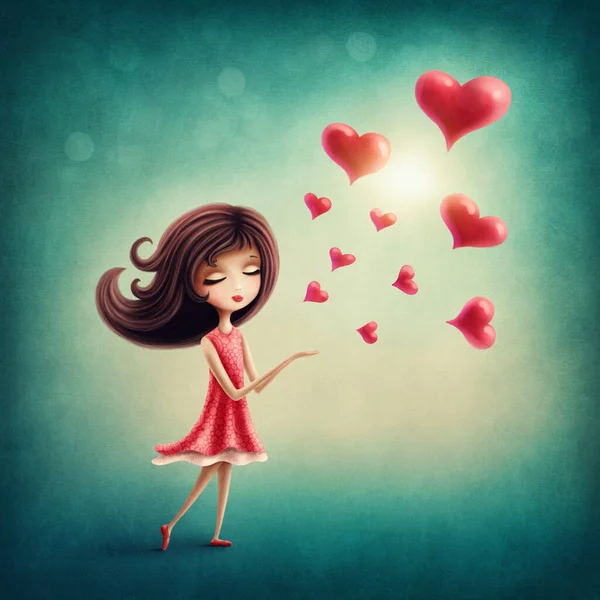 Illustration Girl Hearts — Stock Photo, Image