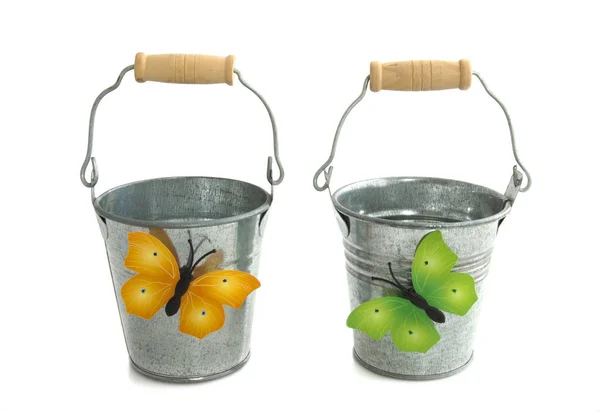 Two Zinc Buckets Colorful Butterfly Isolated White — Stock Photo, Image