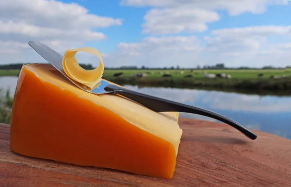 Nekler Arka Plan Üzerinde Ahşap Plaka Üzerinde Hollanda Peynir — Stok fotoğraf