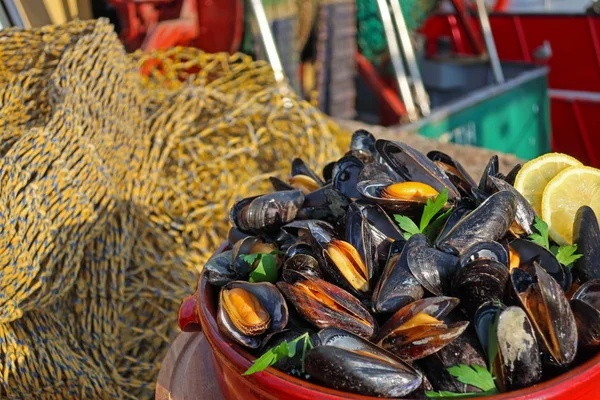 Bowl Fresh Mussels Harbour — Stock Photo, Image