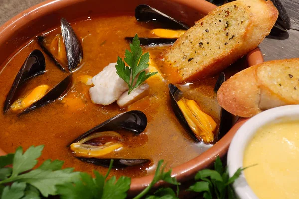 Fresh Delicious Bouillabaisse Close Bread Herbs — Stock Photo, Image