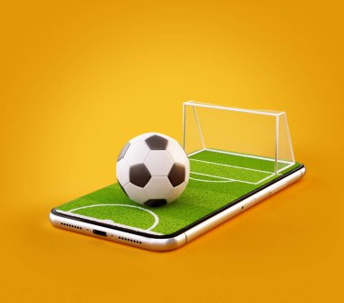 Futbol sahası ve futbol topu bir smartphone ekranda sıradışı 3d çizimi. Futbol izlerken ve online kavramı bahis