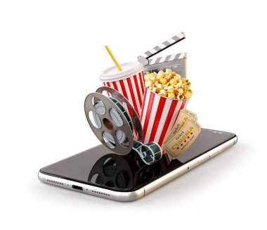 Smartphone uygulama online satın alma ve sinema biletleri rezervasyon. Canlı film ve video izlemek. Elinde patlamış mısır, sinema reel, tokmağı kurulu ve smarthone bilet alışılmadık 3d illüstrasyon izole