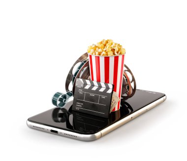 Smartphone uygulama online satın alma ve sinema biletleri rezervasyon. Canlı film ve video izlemek. Elinde patlamış mısır, sinema reel, tokmağı kurulu ve smarthone bilet alışılmadık 3d illüstrasyon izole
