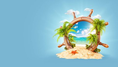 Avuç içi ve ahşap dümen plaj kum üzerinde muhteşem tropikal manzara. Olağandışı 3d çizim. Seyahat ve tatil kavramı.