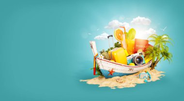 Kum üzerinde güzel Tay tekne ile bavul, pasaport ve fotoğraf makinesi içinde. Olağandışı 3d çizim. Seyahat ve tatil kavramı.