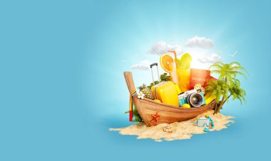 Kum üzerinde güzel Tay tekne ile bavul, pasaport ve fotoğraf makinesi içinde. Olağandışı 3d çizim. Seyahat ve tatil kavramı.