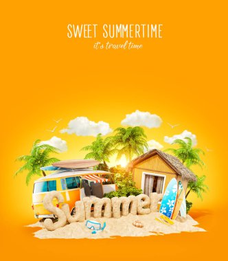 Kelime kum tropik bir adada yaz yapılmış. Yaz tatili alışılmadık 3d Illustration. Seyahat ve tatil kavramı.