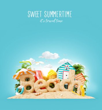 Word plaj kum tropik bir adada yapılmış. Yaz tatili alışılmadık 3d Illustration. Seyahat ve tatil kavramı.