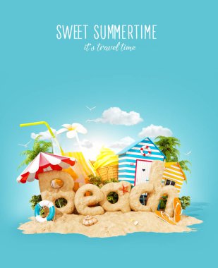 Word plaj kum tropik bir adada yapılmış. Yaz tatili alışılmadık 3d Illustration. Seyahat ve tatil kavramı.