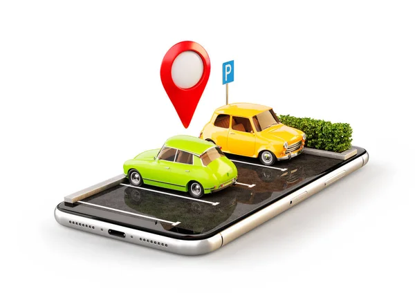 分離された珍しい オンライン無料駐車場地図上の場所を検索するための図 スマート フォン アプリケーション Gps ナビゲーション 駐車場 カーシェア リングの概念 — ストック写真