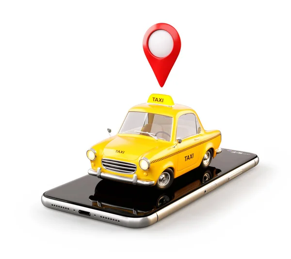 智能手机在网上搜索出租车服务的应用呼叫和预订出租车 在智能手机上孤立不寻常的出租车出租车3D 出租车概念 — 图库照片