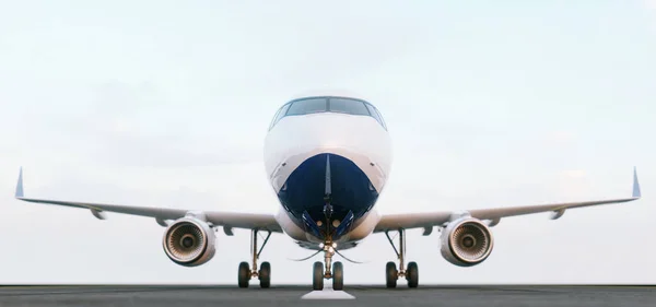 夕暮れの空港の滑走路に立っている白い商業飛行機 旅客機が離陸します 飛行機の概念 イラスト — ストック写真