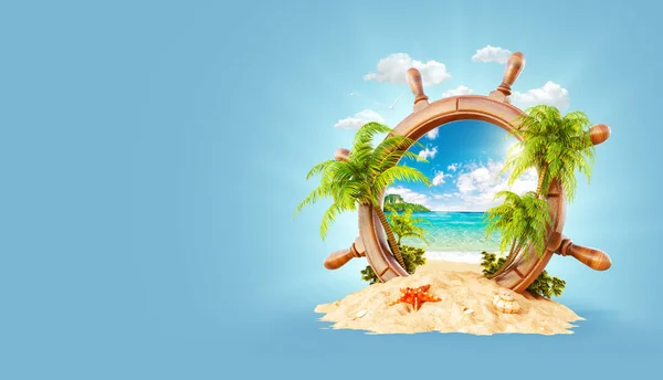 Meraviglioso Paesaggio Tropicale Con Palme Spiaggia Timoneria Legno Sabbia Illustrazione — Foto Stock