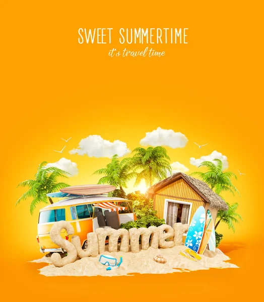 Word Summer Made Sand Tropical Island Unusual Illustration Summer Vacation — Stock Photo, Image