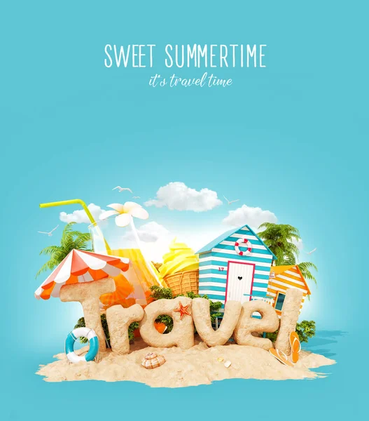 Word Travel Made Sand Tropical Island Unusual Illustration Summer Vacation — Stock Photo, Image