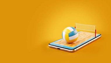 Olağandışı 3d resimde bir voleybol topu ve mahkeme bir smartphone ekranında. Voleybol izliyor ve online kavramı bahis