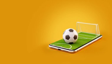 Futbol sahası ve futbol topu bir smartphone ekranda sıradışı 3d çizimi. Futbol izlerken ve online kavramı bahis