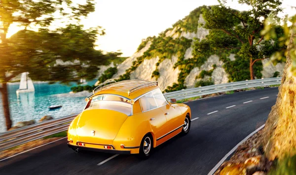 Yaz günü dağda arasında güzel liman boyunca karayoluyla sevimli küçük retro araba gider. Olağandışı 3d çizim. Seyahat ve tatil kavramı
