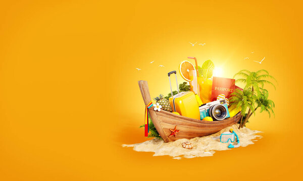 Красивая тайская лодка с чемоданом, паспортом и камерой внутри на песке. Необычная 3D иллюстрация. Концепция путешествия и отдыха
.