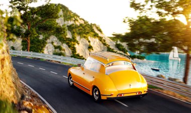 Yaz günü dağda arasında güzel liman boyunca karayoluyla sevimli küçük retro araba gider. Olağandışı 3d çizim. Seyahat ve tatil kavramı