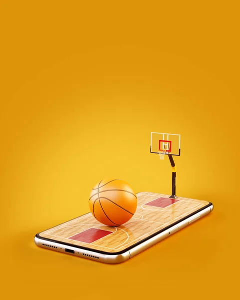 Unusual 3d illustration of a basketball ball on court on a smartphone screen. Watching basketball and betting online concept