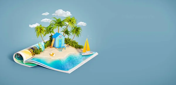 夏の日の雑誌の開いたページの美しい島の砂のビーチで熱帯のジャングルをビーチ小屋 珍しい のイラスト 旅行や休暇の概念 — ストック写真